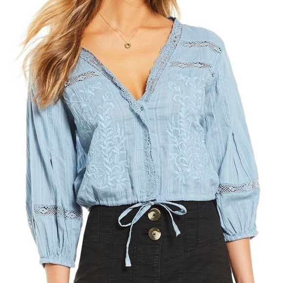 Free People Follow Your Heart Embroidered Crop Balloon Sleeve Top XS - Picture 1 of 11